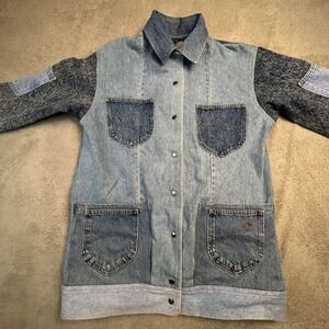 Vintage Denim Patchwork Jacket Women's Large Chore Coat Acid Wash Longline Blue